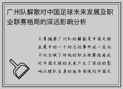 广州队解散对中国足球未来发展及职业联赛格局的深远影响分析